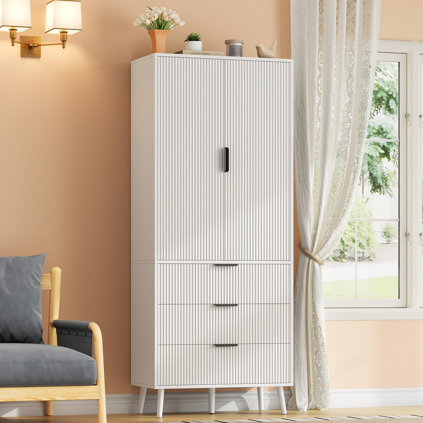 OKWISH Multifunctionele hoge kast met 2 deuren en 3 lades, wit