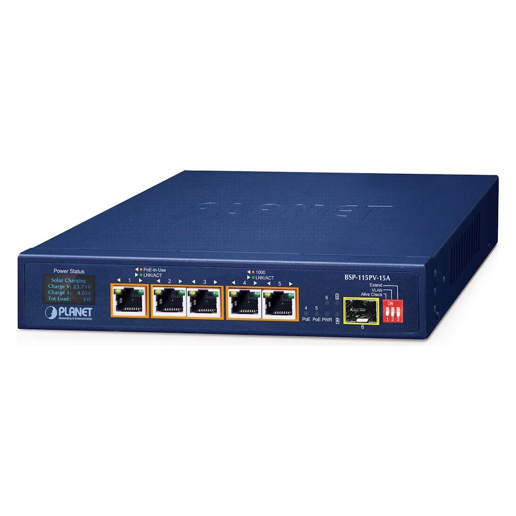 Planet 5-Port PoE+ Solar Switch + 1-Port SFP + LCD Display B (6 Ports) (BSP-115PV-15A)