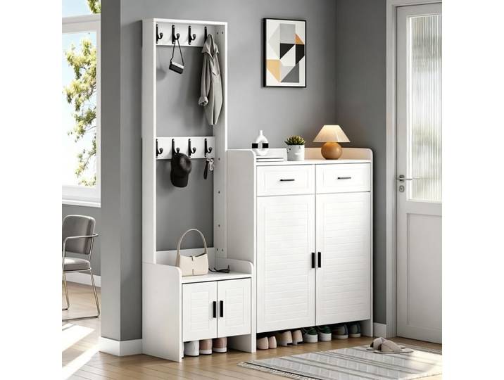 Garderobe 125x32x165 cm Blanc MDF avec rangements et 8 crochets
