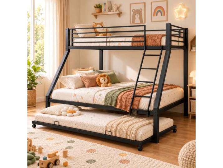 Anwick Etagenbett 90x200 140x200 aus Metall mit Leiter Schwarz，Ausziehbett