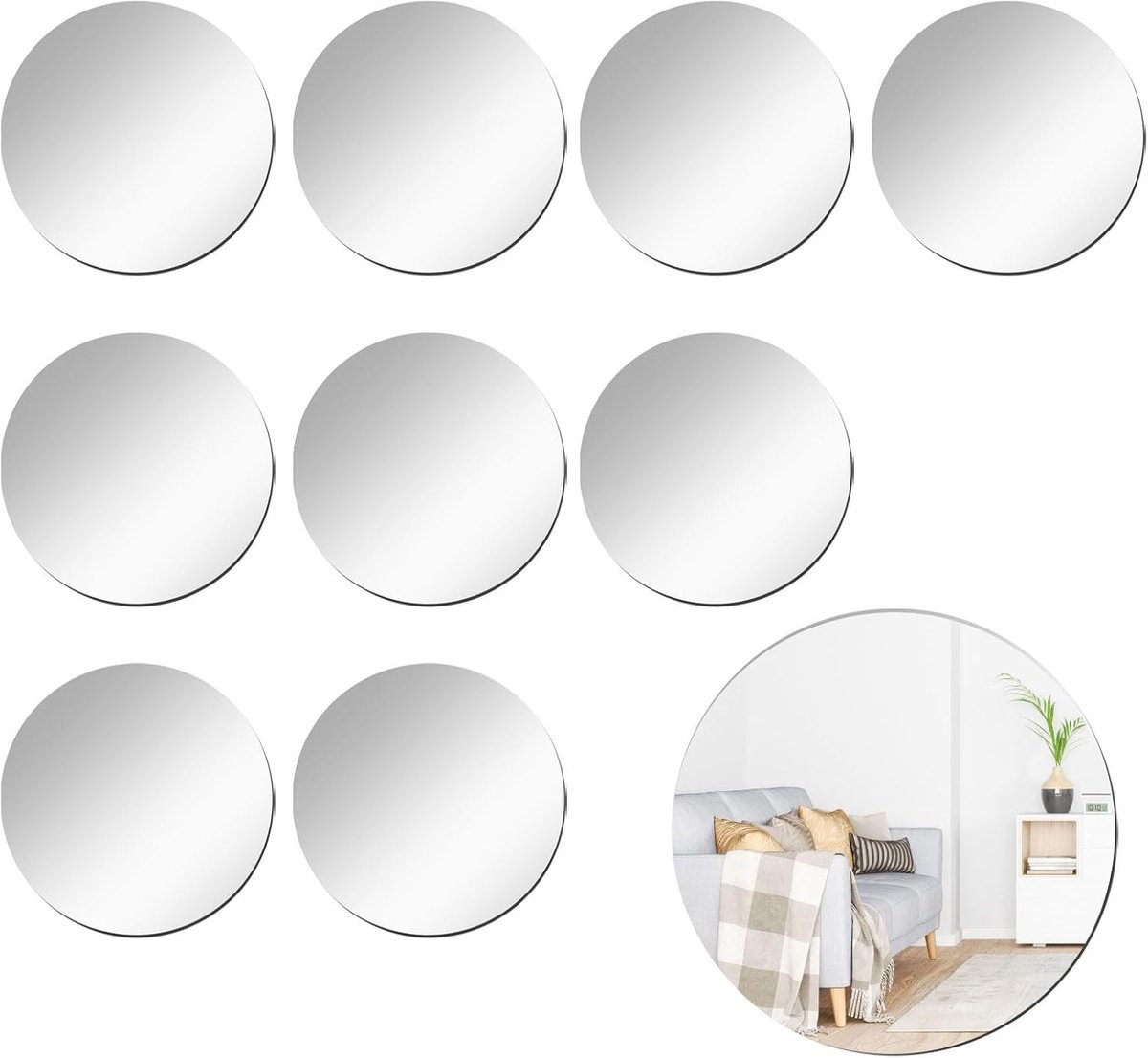 Set van 10 ronde acryl spiegeltegels met zelfklevende achterzijde voor wanddecoratie