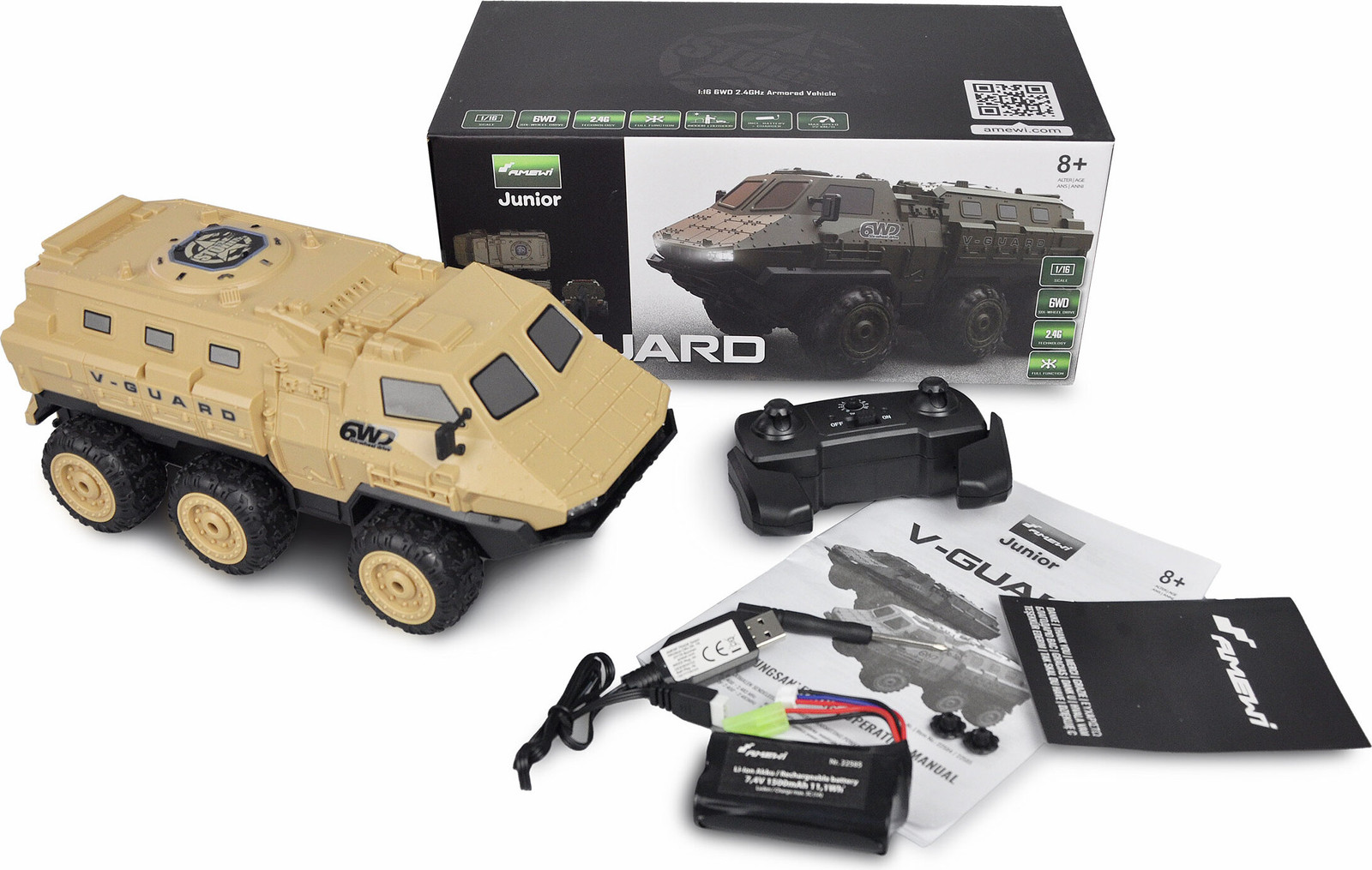 AMEWI RC Panzer V-Guard 6WD 1:16 RTR Radiobestuurbare Tank in Sandkleur