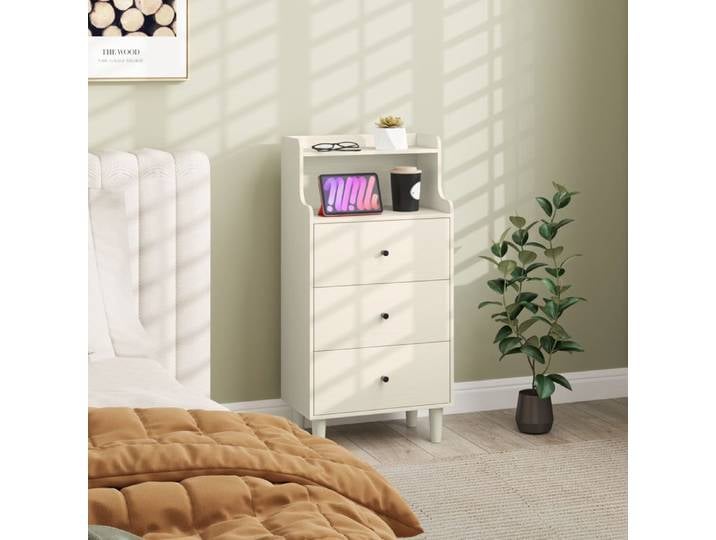 Commode / Chiffonnier - Design moderne anti-basculement - 3 tiroirs - 2 étagères ouvertes - Blanc veiné