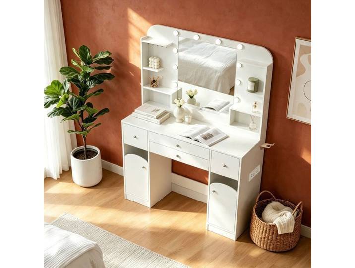 Coiffeuse avec éclairage LED prise support sèche‑cheveux plateau 108 cm 2 tiroirs à rangement bijoux 40 x 108 x 144 cm blanc