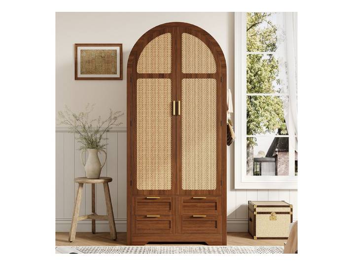 OKWISH Kleiderschrank Regal 80x50x179 cm mit Rattanfront und Schublade – modernes Design (Packung, 1-St., Großzügiger Stauraum,Mit Kleiderstange und Schubladen) Luxuriöser Kleiderschrank, für Schlafzimmer und Eingangsbereiche