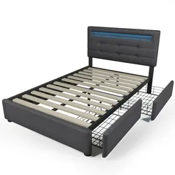 Polsterbett 90x200 mit LED-Beleuchtung, 2 Schubladen, höhenverstellbarem Kopfteil, inkl. Lattenrost, Stauraum & Fernbedienung Grau
