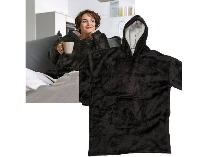 XXL Kuscheldecke mit Ärmeln, Kapuze & Bauchtasche, schwarz