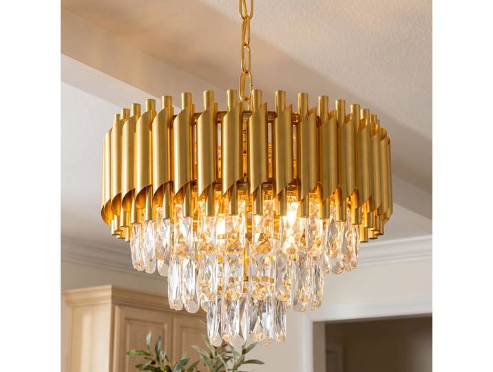 Lustre en cristal doré moderne, lustre en cristal K9 de luxe à 3 niveaux pour salle à manger/salon/îlot de cuisine/chambre à coucher