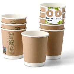BIOZOYG 50 Stück Kaffee To Go Becher braun bedruckt 200ml / 8oz Einwegbecher Pappbecher doppelwandig für heiße Getränke biologisch abbaubar