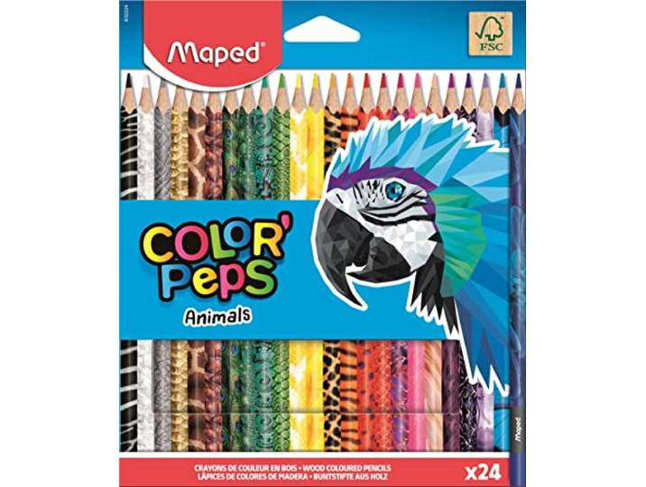 Maped - Houtkleuren - dierkleurpotloden - 24 kleuren met diermotieven - presentatie in kartonnen doos.
