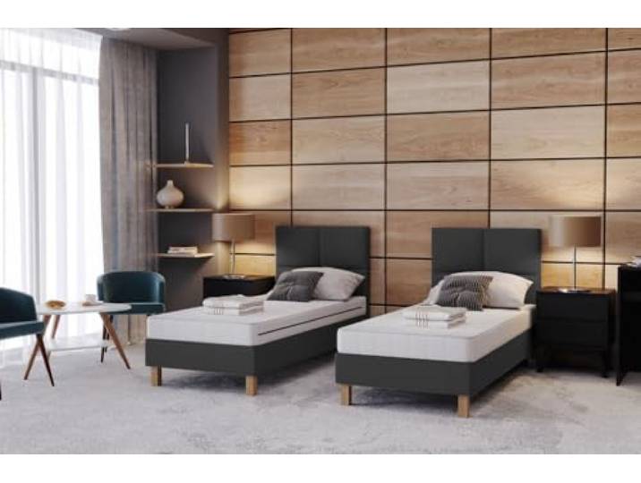 TRADA Bett fur Hotel DUBAJ 70 x 200 cm, Polsterbett mit Rädern, Dunkelgrau 1x Hotelbett mit Taschenmatratze, Einzelbett, KROKODILO S+PLATINUM Verbindungssystem