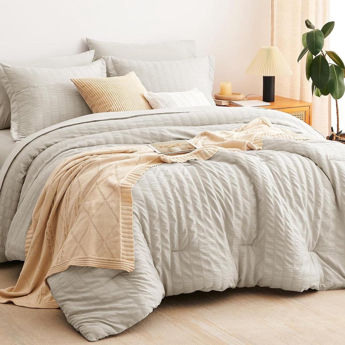 Dekbedset Seersucker Beige - Comfortabele Beddengoed Set met Kreukel Look - Full Maat