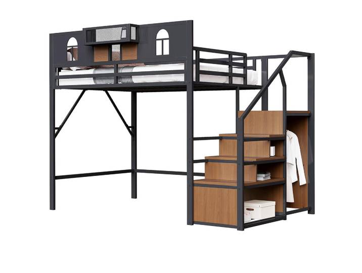 ComfortXL Hochbett 140/200 cm De-01462, in Schwarz, mit Stauraumleiter, Ablage und erhöhter Umzäunung, Metall, 140x200 cm, Babymöbel & Kindermöbel, Kinderzimmer & Jugendzimmer, Kinderbetten, Hochbetten