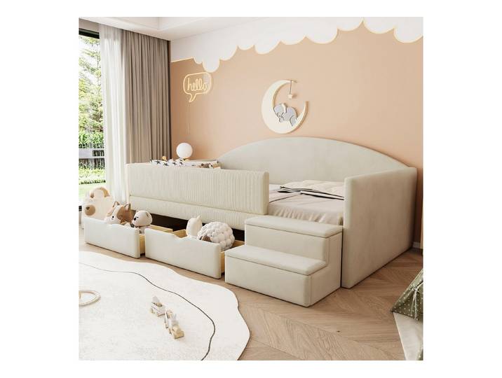 Odikalo Kinderbett 90×190 Polsterbett Schlafsofa Multifunktion Stufen Zäunen Mehrfarbig