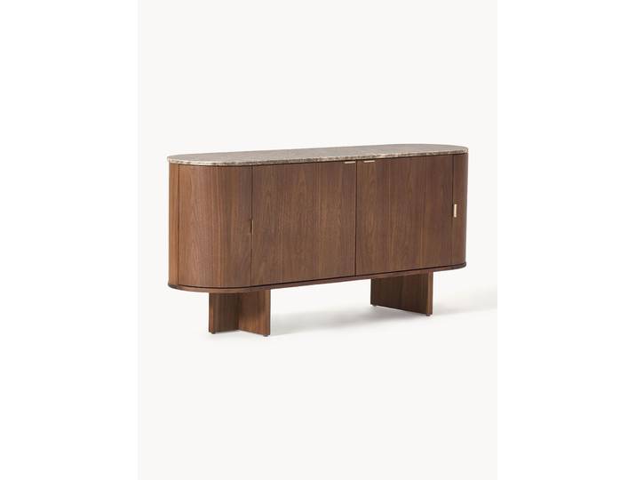 Holz-Sideboard Zumi mit abgerundeten Ecken und Marmorplatte