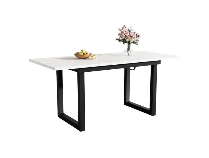 Evryae Esstisch ausziehbar MDF Betonoptik Stahlrahmen verstellbare Füße, Weiß, Metall, Rechteckig,Rechteckig, Kufe, 80x75x180 cm, Esszimmer, Esstische