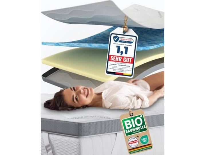 nøvera Premium Gel Topper 200x200cm H2/H3 Oberstoff aus 100% Bio-Baumwolle wolkenweicher 7-Zonen Matratzentopper 200x200 Hohes RG 50 8cm Matratzen Topper 200x200 Luxus Matratzenauflage