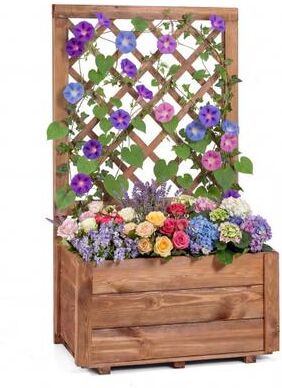 Costway Wooden Raised Garden Bed with Lattice Trellis Drainage Holes-Orange