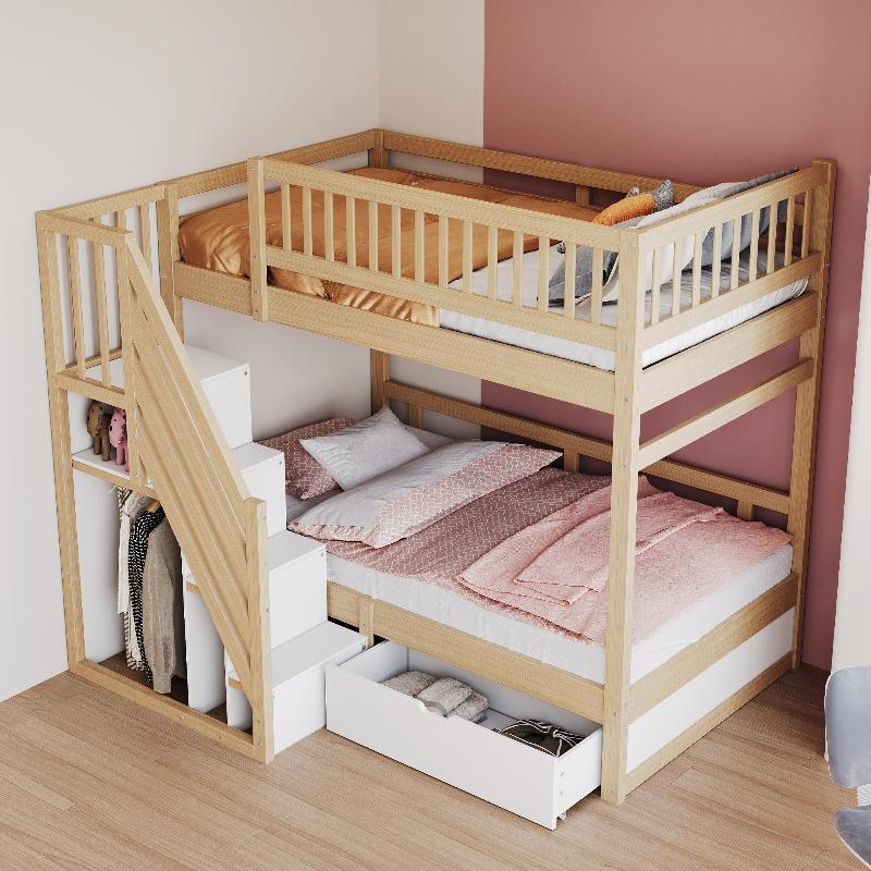 Etagenbett aus Massivholz 90x200cm mit hohem Sicherheitsgitter, Lattenrost, Sicherheitsleiter mit Stauraum und Stauschubladen, Holzfarbe