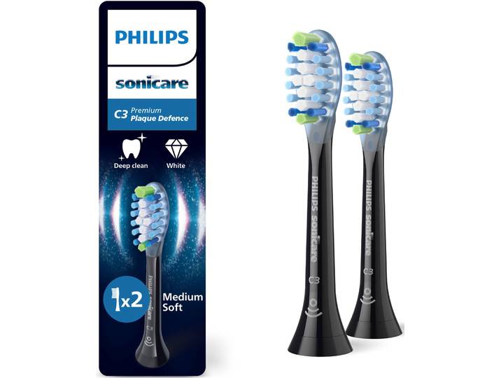 Aufsteckbürsten PHILIPS SONICARE C3 Premium Plaque Defence , schwarz, Zahnbürstenköpfe, 2 Stk., Aufsteckbürsten, für extra gründliche Plaque-Entfernung, für jedes Sonicare Handstück