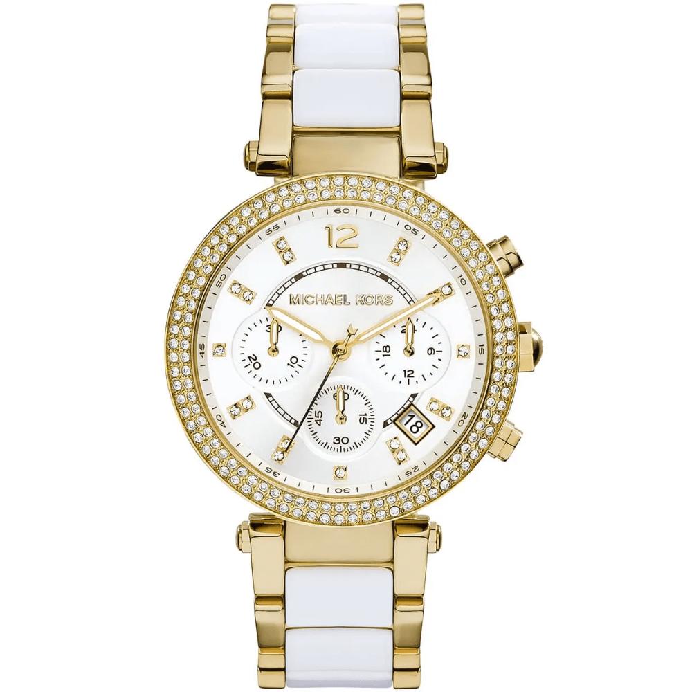 Michael Kors Parker MK6119 Damen Zwei-Farben Chronographuhr 39 mm Gold & Weiß