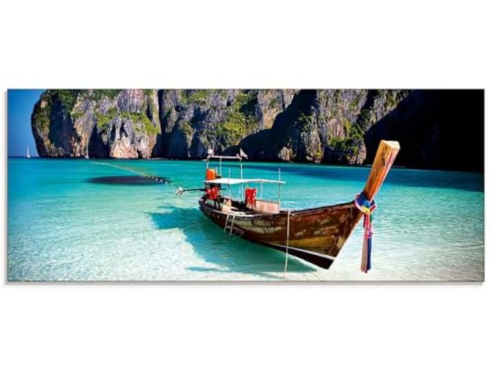 ARTland Wanddeko Glasbilder Wandbild Glas Bild einteilig 125x50 cm Querformat Strand Meer Südsee Boot Thailand Maya Bay KOH Phi Phi Felsen Natur T5VI