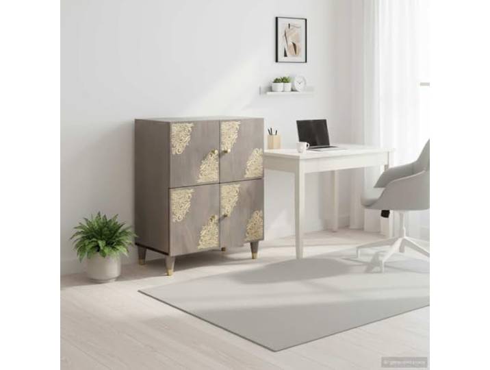 KGTKGTYER Sideboard Massivholz Mango Anrichte Schrank Grau & Gold Mit goldfarbigem Siebdruckdesign, Praktische Messingknäufe