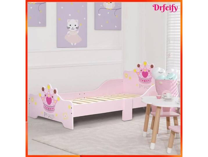 Lit enfant - AKOZON - Princesse Motif Couronne - 70 x 140 cm - Sommier à lattes inclus - Rose