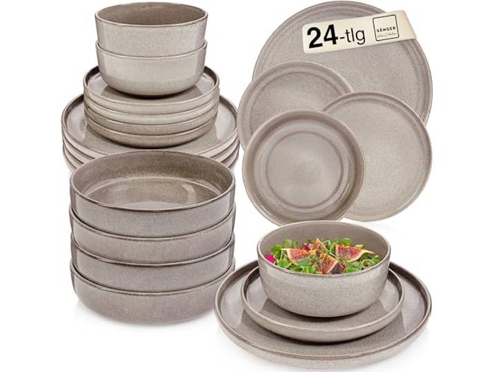 SÄNGER Kairo Clay Geschirrset 6 Personen, 24-tlg. Teller Set, Beige-Sand Geschirr Set aus Steingut: je 6 Speise- & Dessertteller, Müsli- & Pastaschalen – spülmaschinen-, mikrowellen- & kratzfest