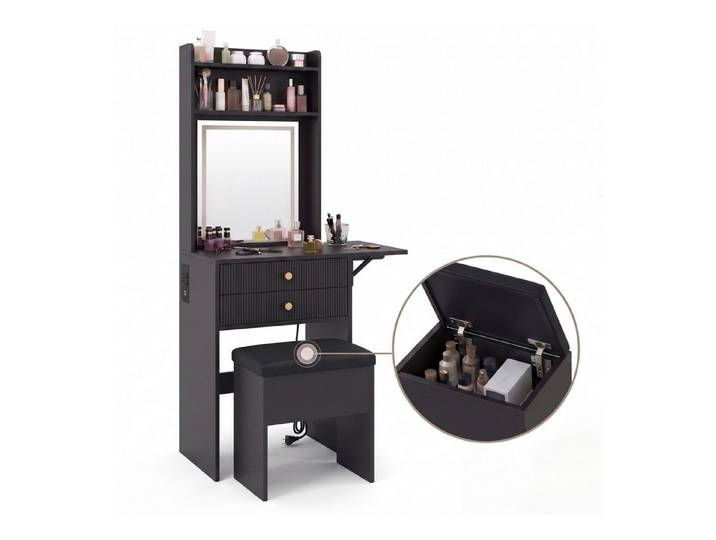 GarveeMore Schminktisch mit Spiegel und Hocker, LED-Beleuchtung, einstellbare Helligkeit (2-St), (BxTxH) 50x45x153 cm, 1 offene Fächer und 2 Schubladen
