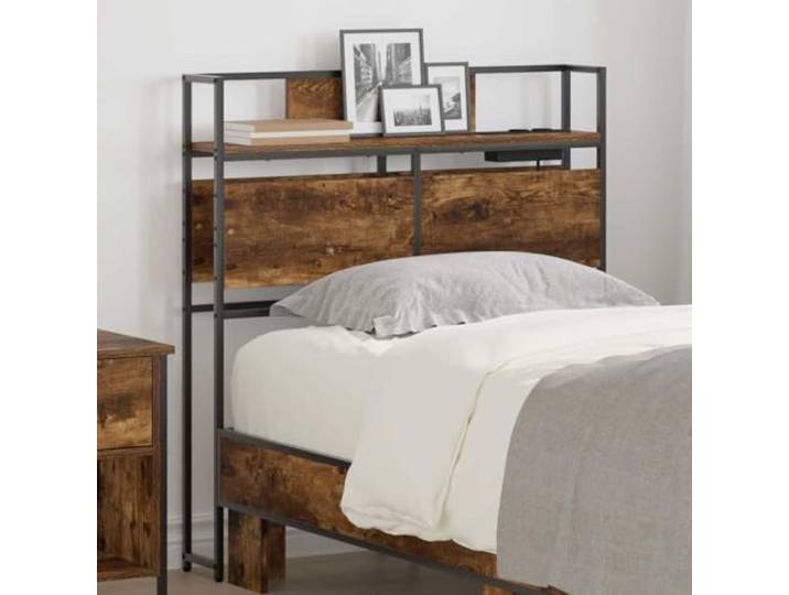 Modernes Kopfteil mit Einlegeböden und Ladestation, Räuchereiche, Holzwerkstoff, rechteckige Form, minimalistisches Design für Schlafzimmer, integrierte Bücherregale