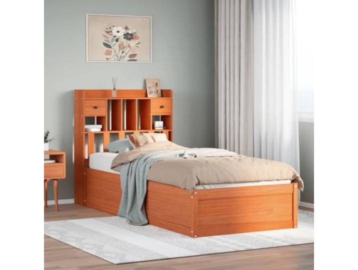 WDGJJFECNMUEHI Massives Kiefernholz Stabiler Holzrahmen 75x190 cm Braun Massivholzbett ohne Matratze Wachsbraun 75x190 cm Kiefernholz Bettgestell mit Kopfteil Stauraum und Lattenrost stabil