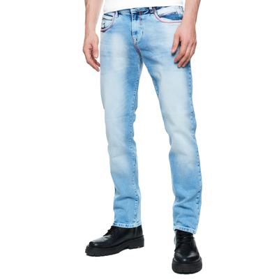 Straight-Jeans RUSTY NEAL "TOYAMA", Herren, Gr. 36, Länge 32, blau (hellblau), 98% Baumwolle, 2% Elasthan, unifarben, lang, Jeans Straight-Jeans, mit coolen Kontrastnähten