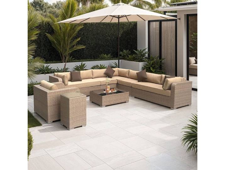 Salon de jardin en résine tressée beige 10 places VENISE