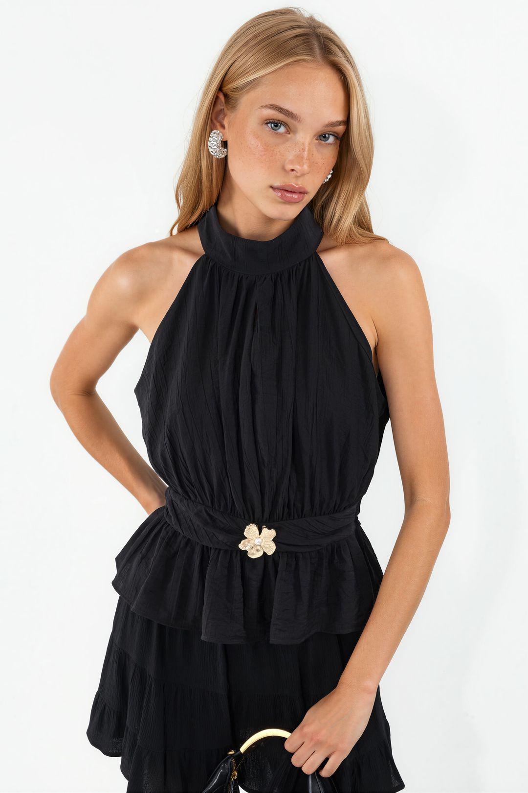 Damen Halterneck Gürtel Crepe Bluse