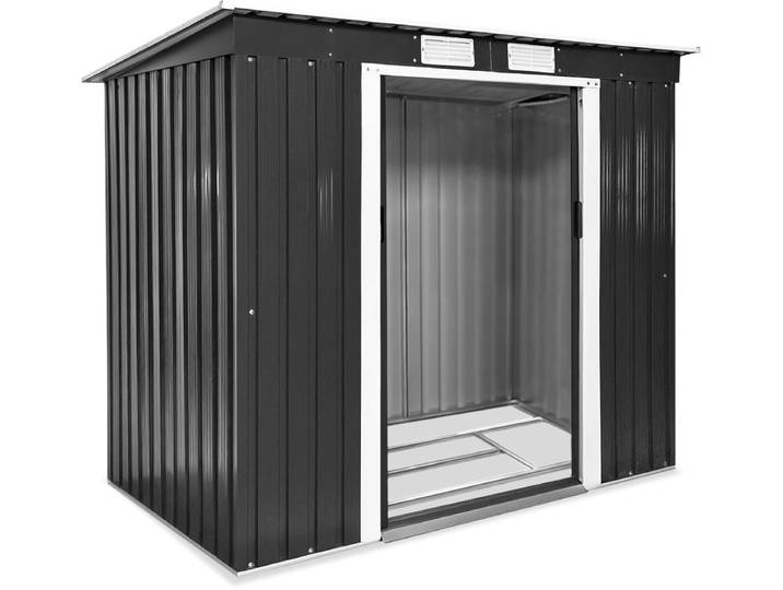 tectake® Metalen Tuinhuis met Schuin Dak - Tuin Gereedschapsschuur met Schuifdeur - Schuur met metalen Fundering - Tuinhuis - Fietsengarage - 4 m³ Opslagruimte - grijs/wit