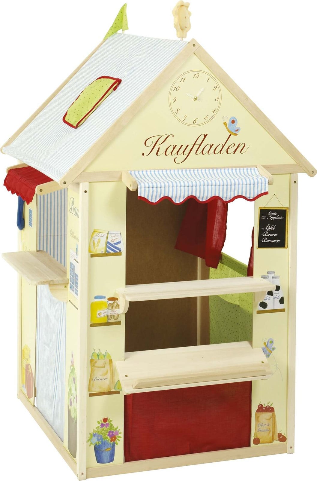 ROBA 4-in-1 Speelhuis van Hout met Poppentheater, Kruidenier, Postkantoor en Bank in Pastelgeel/Groen