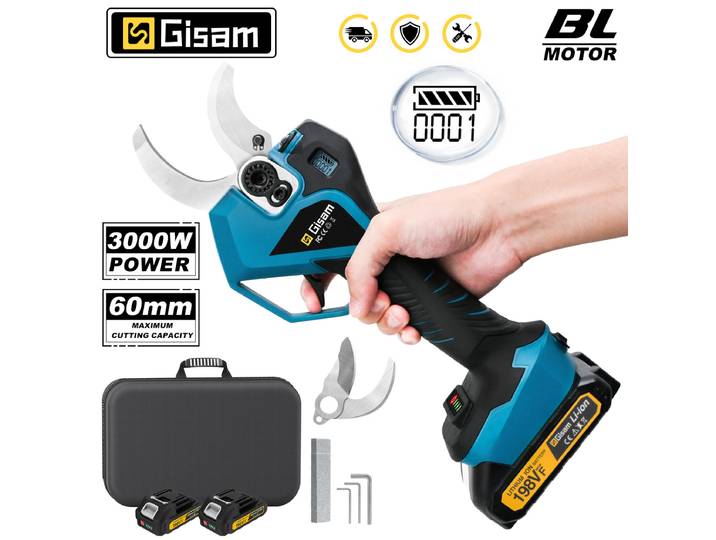Sécateur électrique sans fil Gisam Brushless 60 mm, cisailles pour arbres fruitiers et bonsaïs, outils compatibles avec la batterie Makita 18V.