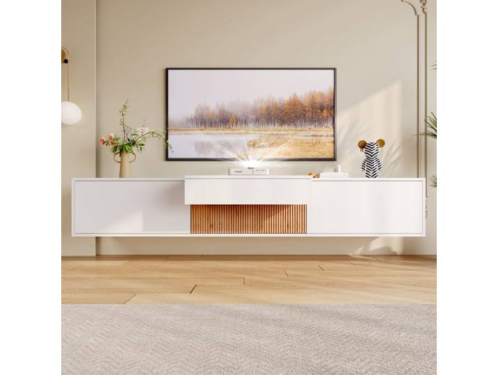 Meuble TV - ZEVKOR - Mural - Plateau coulissant pour projecteur - 180x34x30 cm - Blanc décor bois