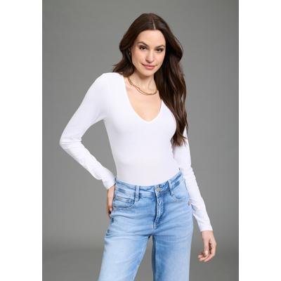 Langarmbody LAURA SCOTT, Damen, Gr. 42, N-Gr, weiß, Jersey, Obermaterial: 95% Baumwolle, 5% Elasthan, Basic, sehr figurbetont, V-Ausschnitt, Bodys, mit V-Ausschnitt, figurbetonte Passform, unifarbenes Design