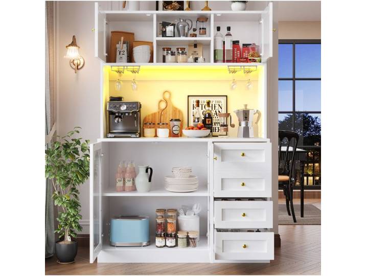Buffet de cuisine 4 Portes 4 Tiroirs LED et Porte-verres - TCQPZ - Verre Cannelé Blanc 120×40×188 cm