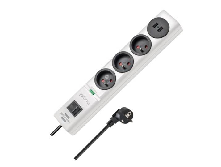Brennenstuhl Multiprise Hugo! en Blanc\, 3 Prises de Courant et 2 Ports USB\, parasurtenseur (19500A)\, voyants de Mise en Service\, Interrupteur\, œillets de Fixation\, 2m de câble H05VV-F
