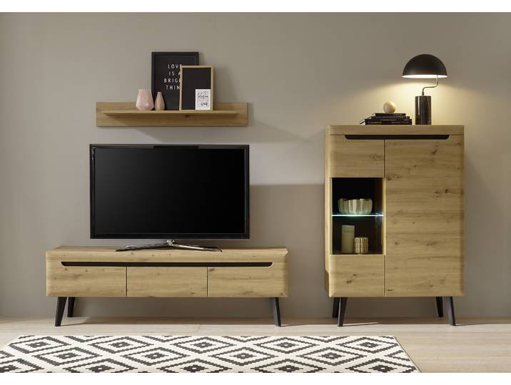 Wohnwand HOME AFFAIRE Torge, Anbauwand, Schrankwand, Mediawand, Wohnzimmer-Set , beige (eiche artisan dekor, eiche artisan dekor, applikationen schwarz), B:360cm, Kastenmöbel-Sets, Wohnwand