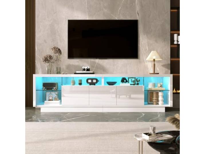 Fiednoy TV-Schrank 200cm Für 80 Zoll– TV Lowboard Mit 3 Hochglanztüren Glasfächern, 30kg Tragfähigkeit, Wohnzimmer Fernsehschrank