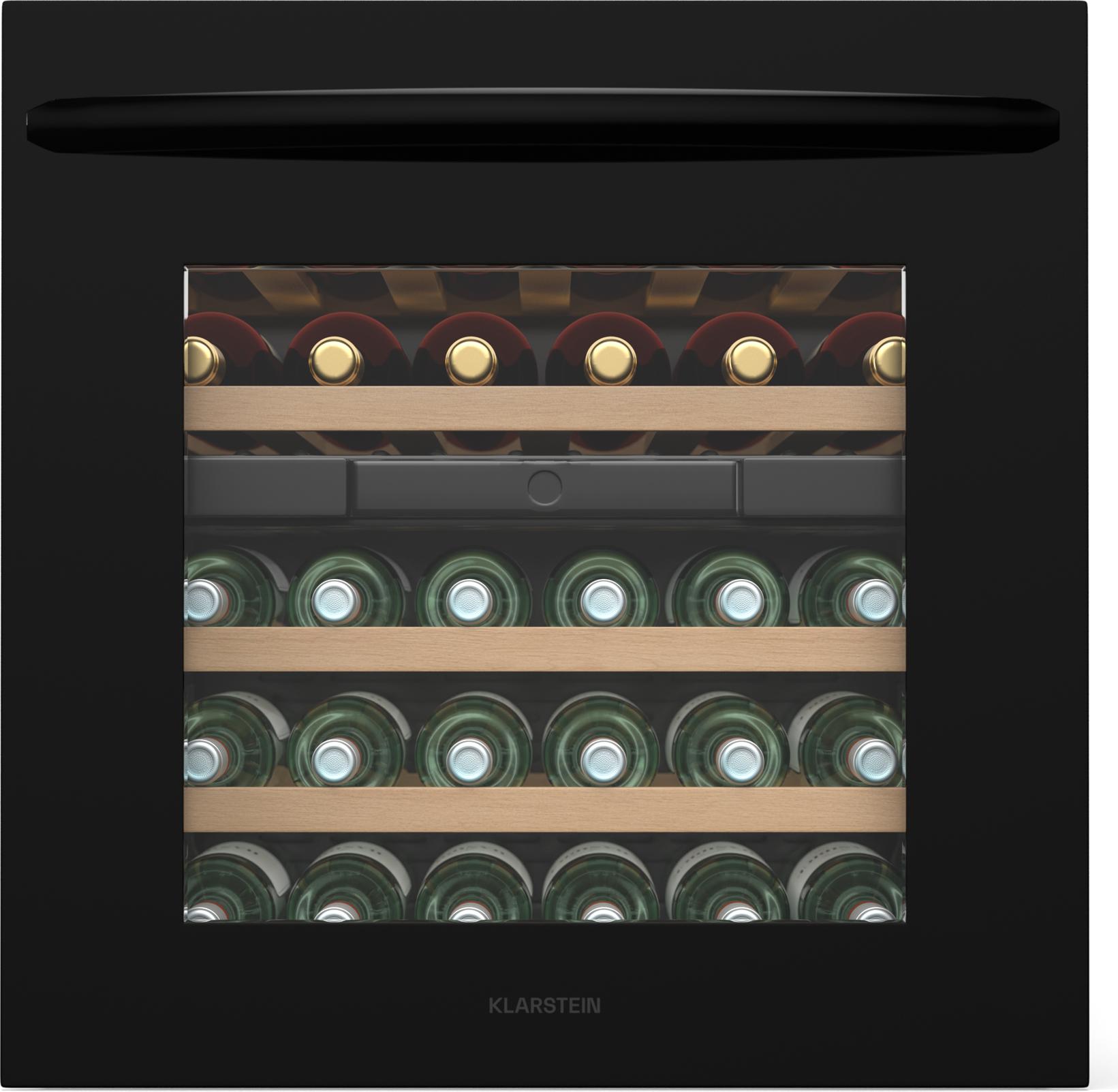 Klarstein Vinsider 30 Weinkühlschrank 2 Zonen - 30 Flaschen, Einbau, 10-20 °C & 5-12 °C, LED-Beleuchtung, UV-Schutz, Holzböden, Leise, Energieeffizient, Schwarz, Glastür