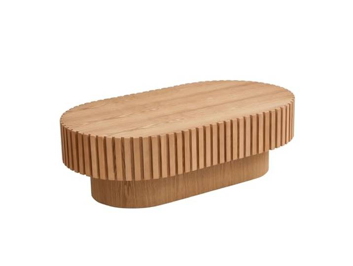 Oval Fluted Coffee Table, Modern Minimalist Center Table with Solid Wood Stripe Accent, MDF with Wood Veneer Construction, Contemporary Accent Table for Living Room, Bedroom, and Office (Natural)