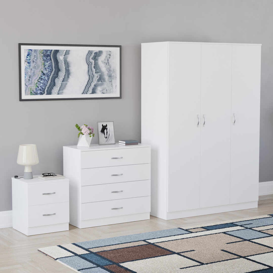 17 Stories Maybery 3 Piece Bedroom Set (2 Drawer Bedside Chest, 4 Drawer Chest, 3 Door Wardrobe), (5) White