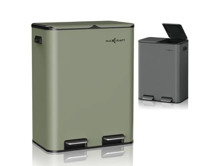 MAXCRAFT Mülleimer 60 Liter aus Stahl Treteimer Abfalleimer mit 2 Inneneimern aus Kunststoff (2x 30L) - Sanft Schließend mit Deckel und Geruchsfilter für Küche, Badzimmer oder Büro in Grün