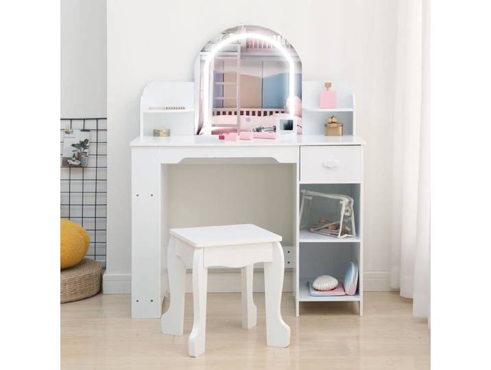 Coiffeuse pour Enfants avec Tabouret et Miroir LED Coiffeuse Fille avec Tiroirs Étagère Maquillage pour Enfants 3+ ans Blanc