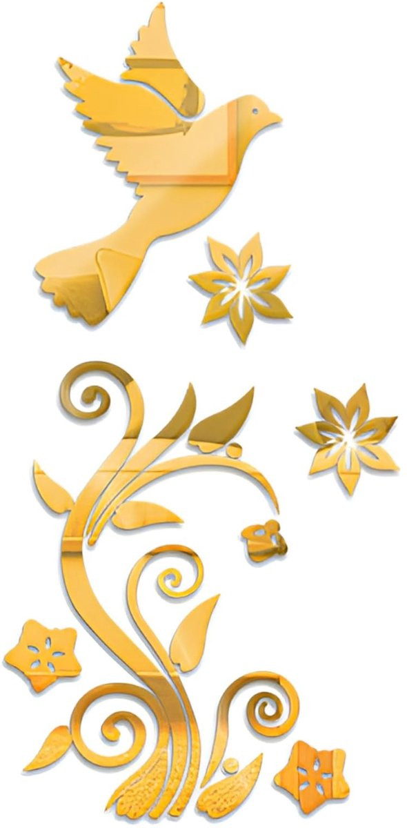 3D Acryl Spiegel Wandstickers met Vliegende Vogels en Bloemen - Goud